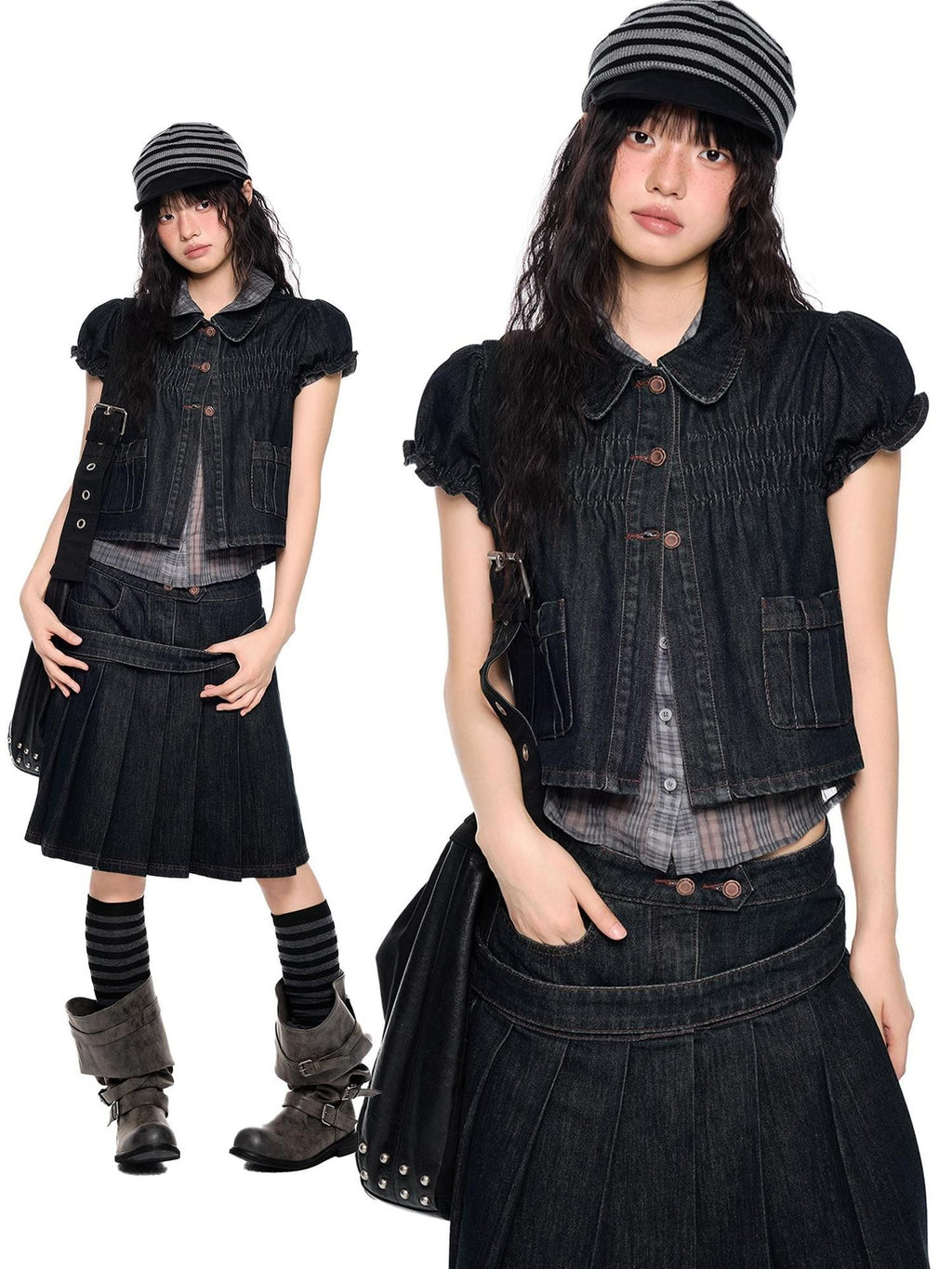 EZEK Vintage Doll Collar Puff Sleeve Pleated Denim Women's Cotton Matching Skirt Sets