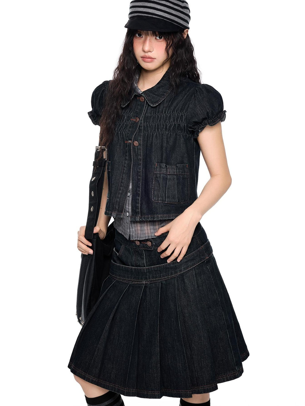 EZEK Vintage Doll Collar Puff Sleeve Pleated Denim Women's Cotton Matching Skirt Sets
