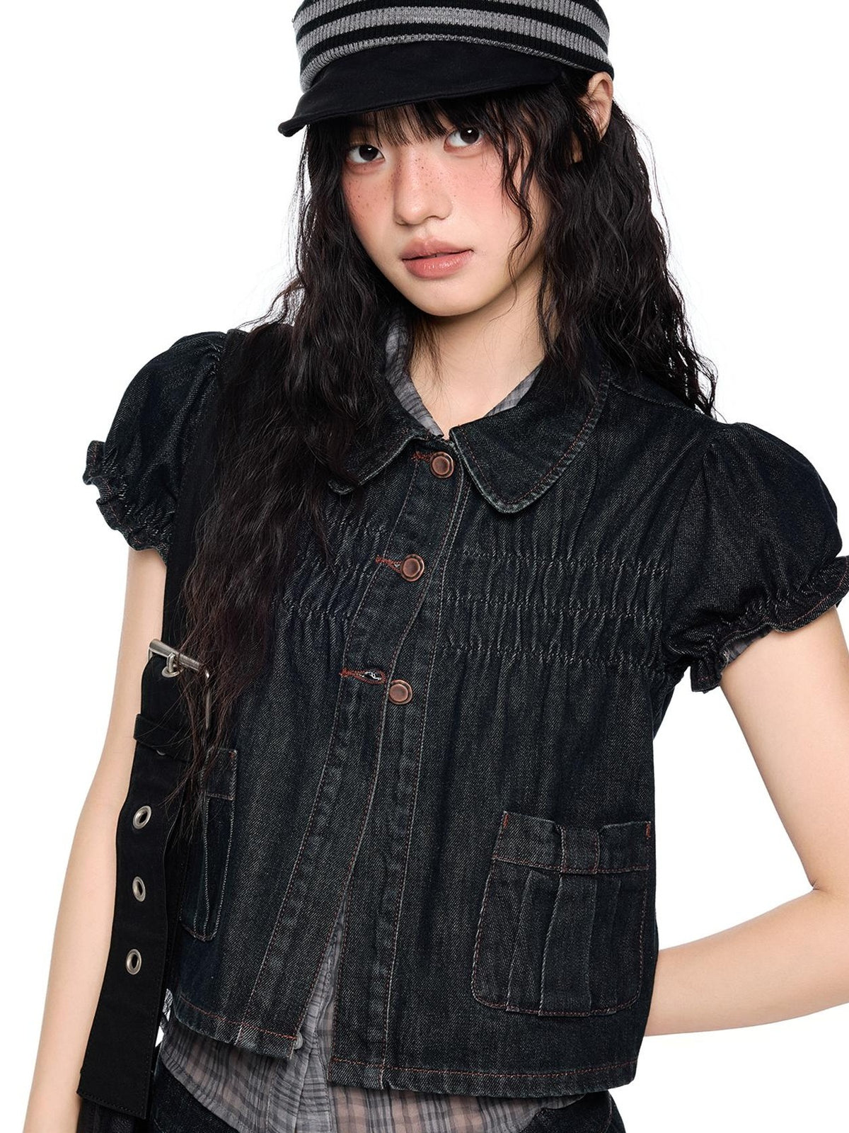 EZEK Vintage Doll Collar Puff Sleeve Pleated Denim Women's Cotton Matching Skirt Sets