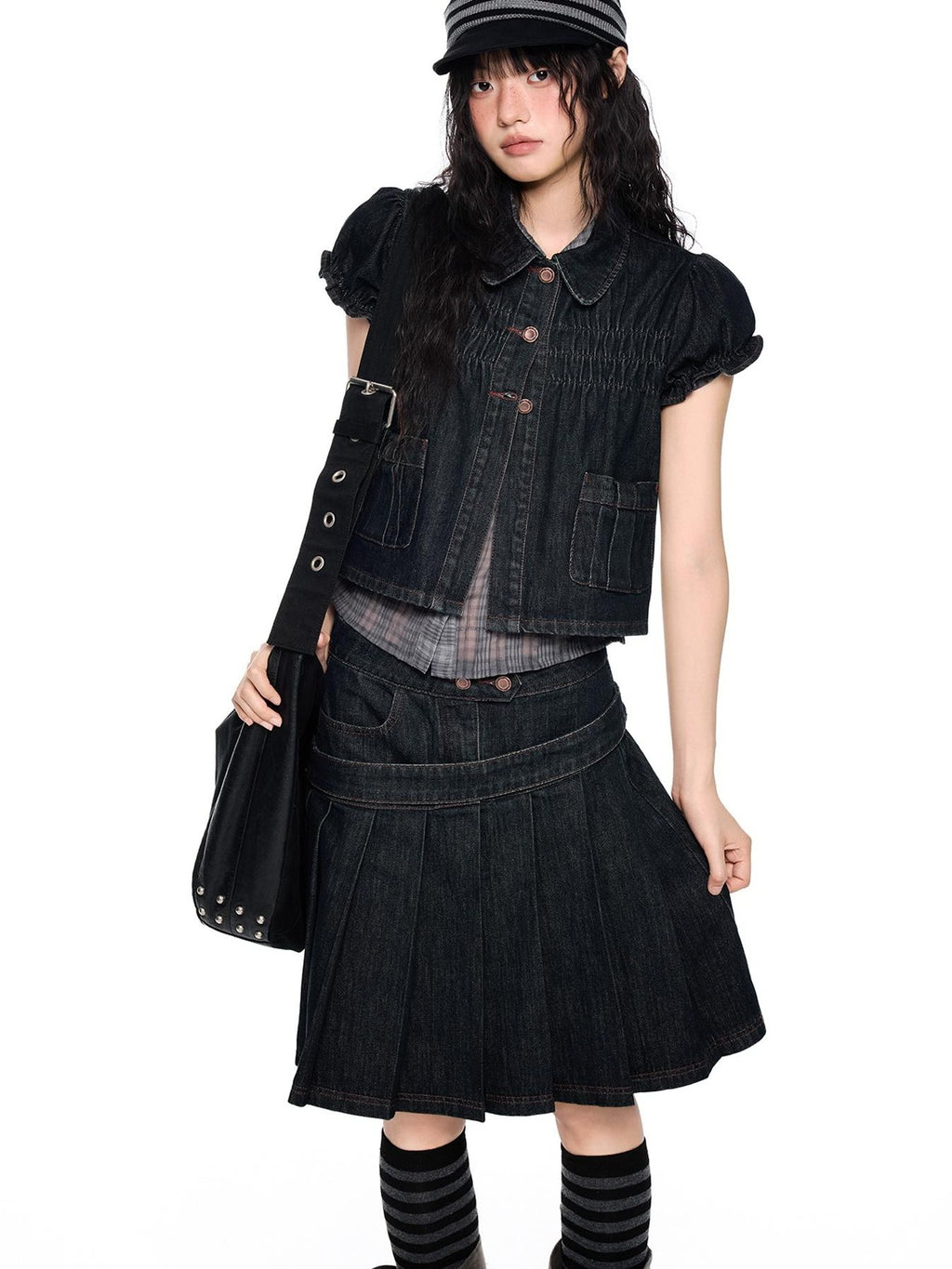EZEK Vintage Doll Collar Puff Sleeve Pleated Denim Women's Cotton Matching Skirt Sets