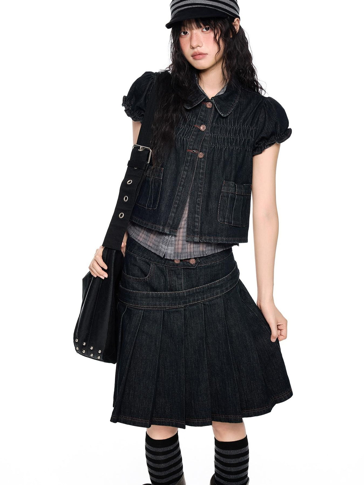 EZEK Vintage Doll Collar Puff Sleeve Pleated Denim Women's Cotton Matching Skirt Sets