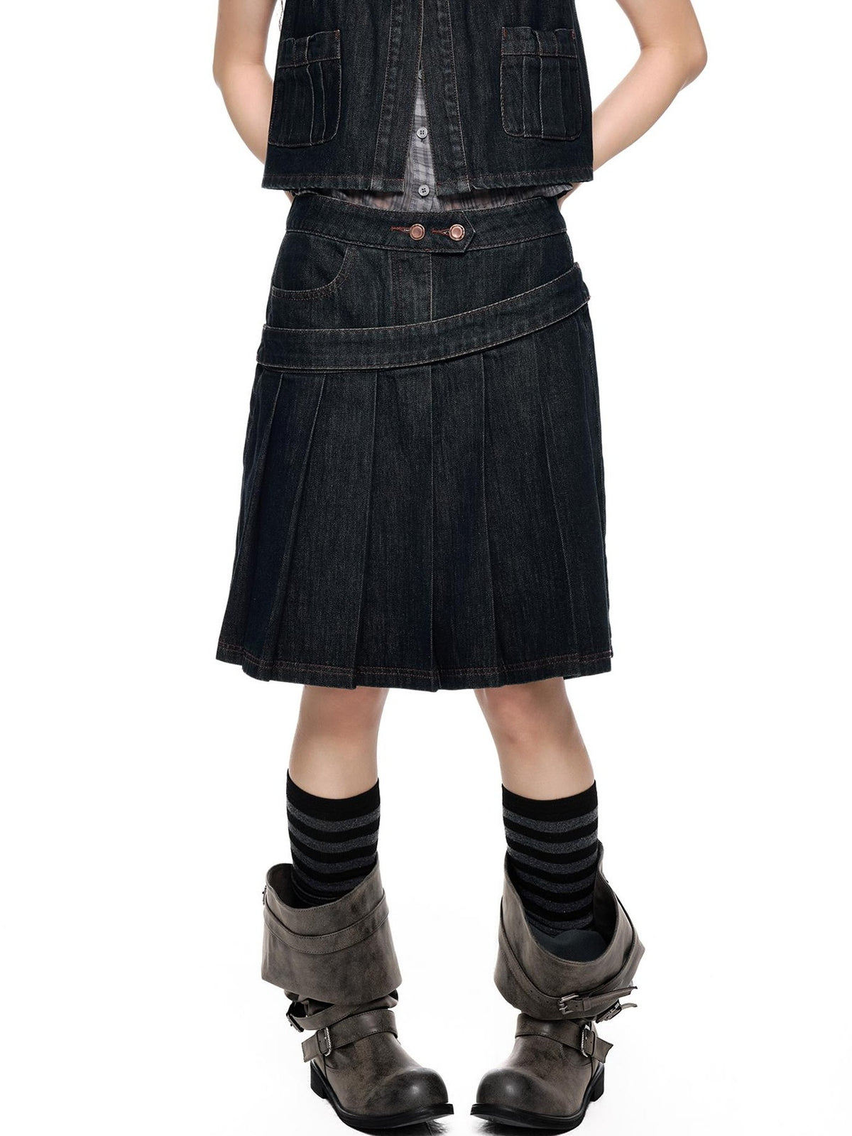 EZEK Vintage Doll Collar Puff Sleeve Pleated Denim Women's Cotton Matching Skirt Sets