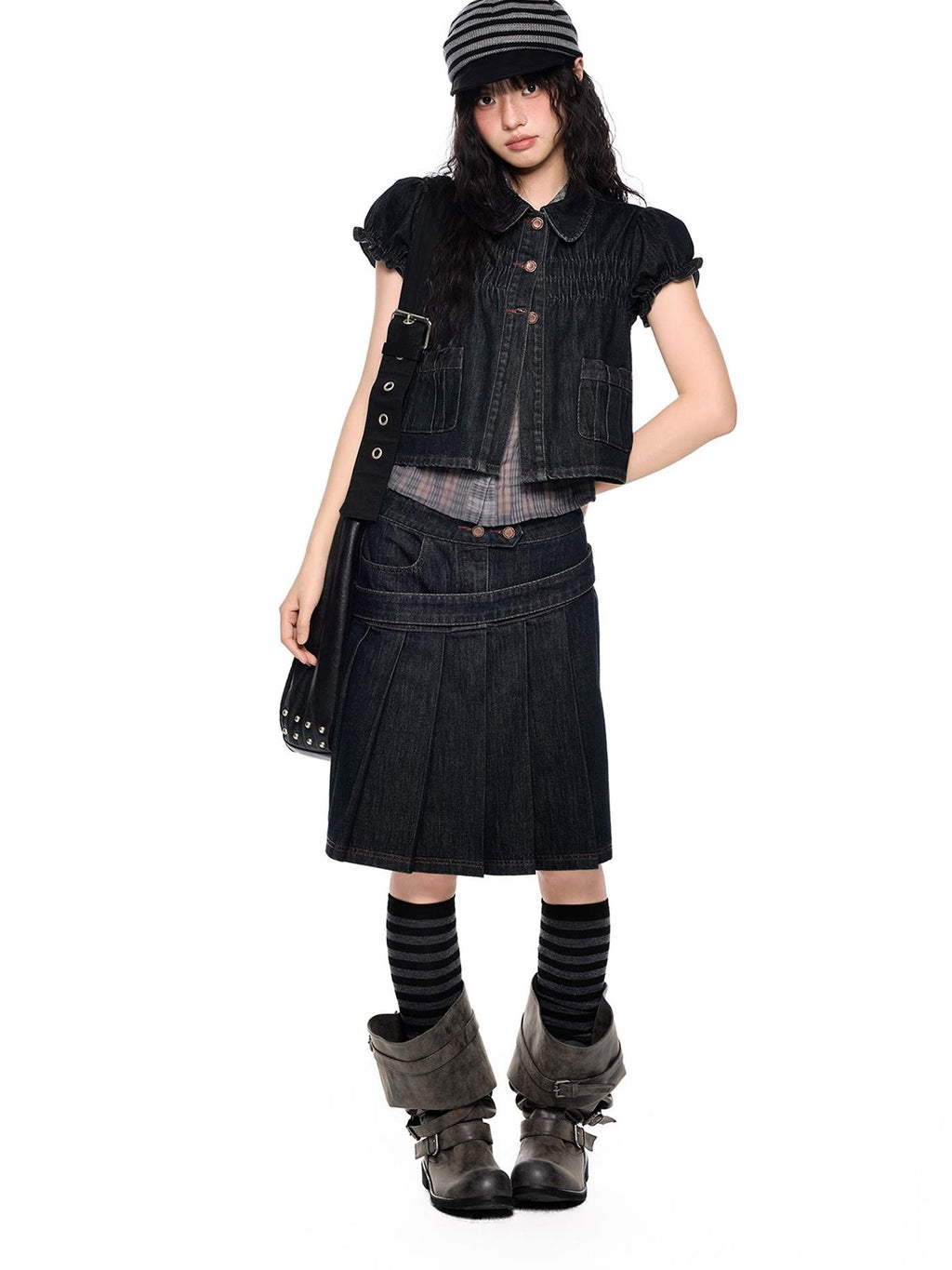 EZEK Vintage Doll Collar Puff Sleeve Pleated Denim Women's Cotton Matching Skirt Sets