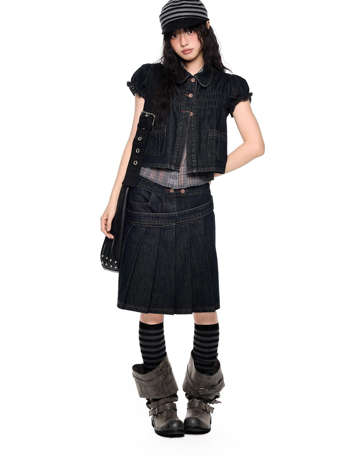 EZEK Vintage Doll Collar Puff Sleeve Pleated Denim Women's Cotton Matching Skirt Sets