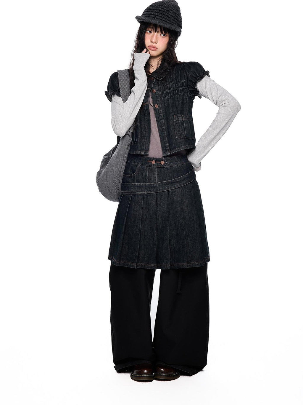 EZEK Vintage Doll Collar Puff Sleeve Pleated Denim Women's Cotton Matching Skirt Sets