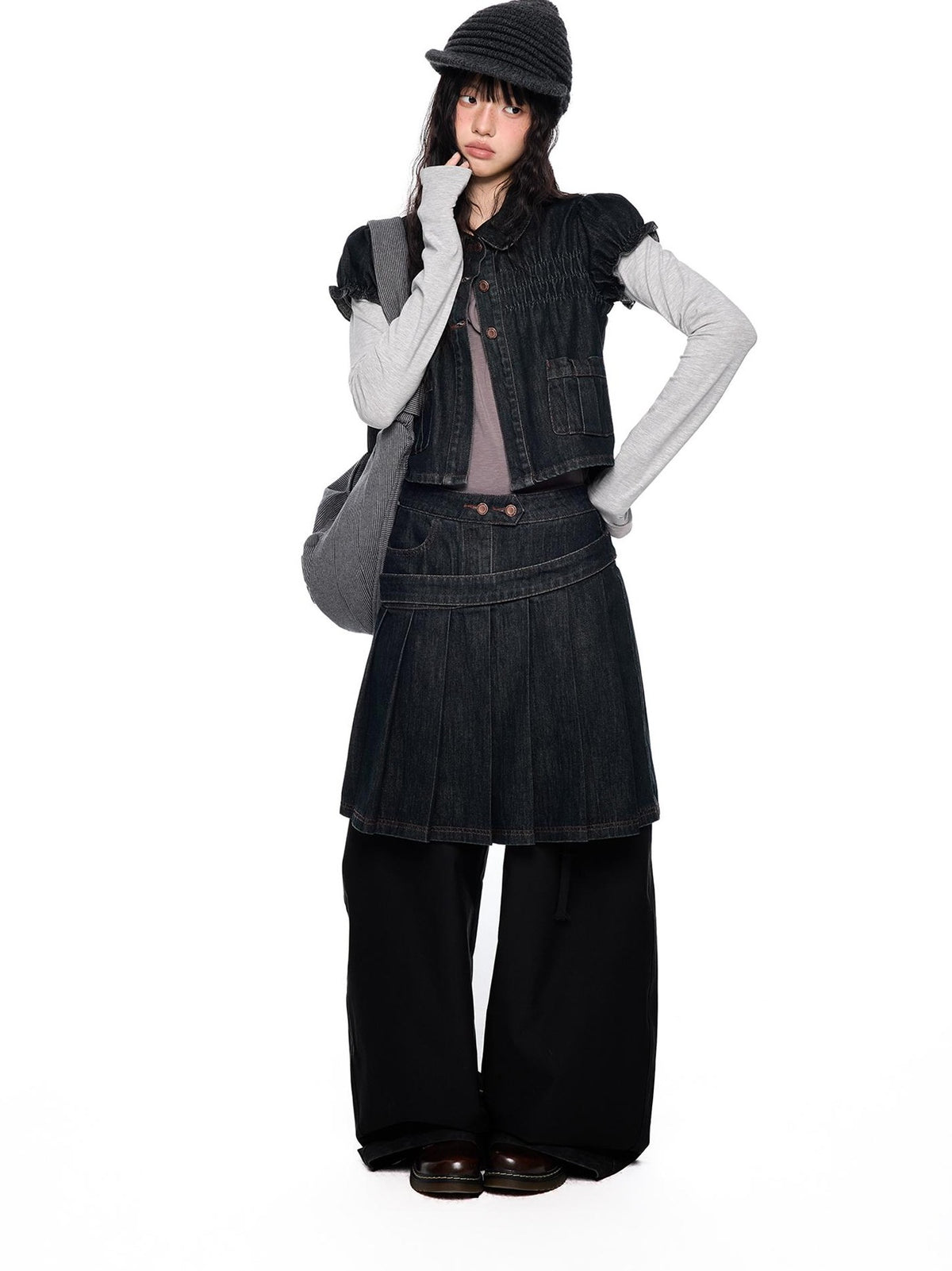 EZEK Vintage Doll Collar Puff Sleeve Pleated Denim Women's Cotton Matching Skirt Sets
