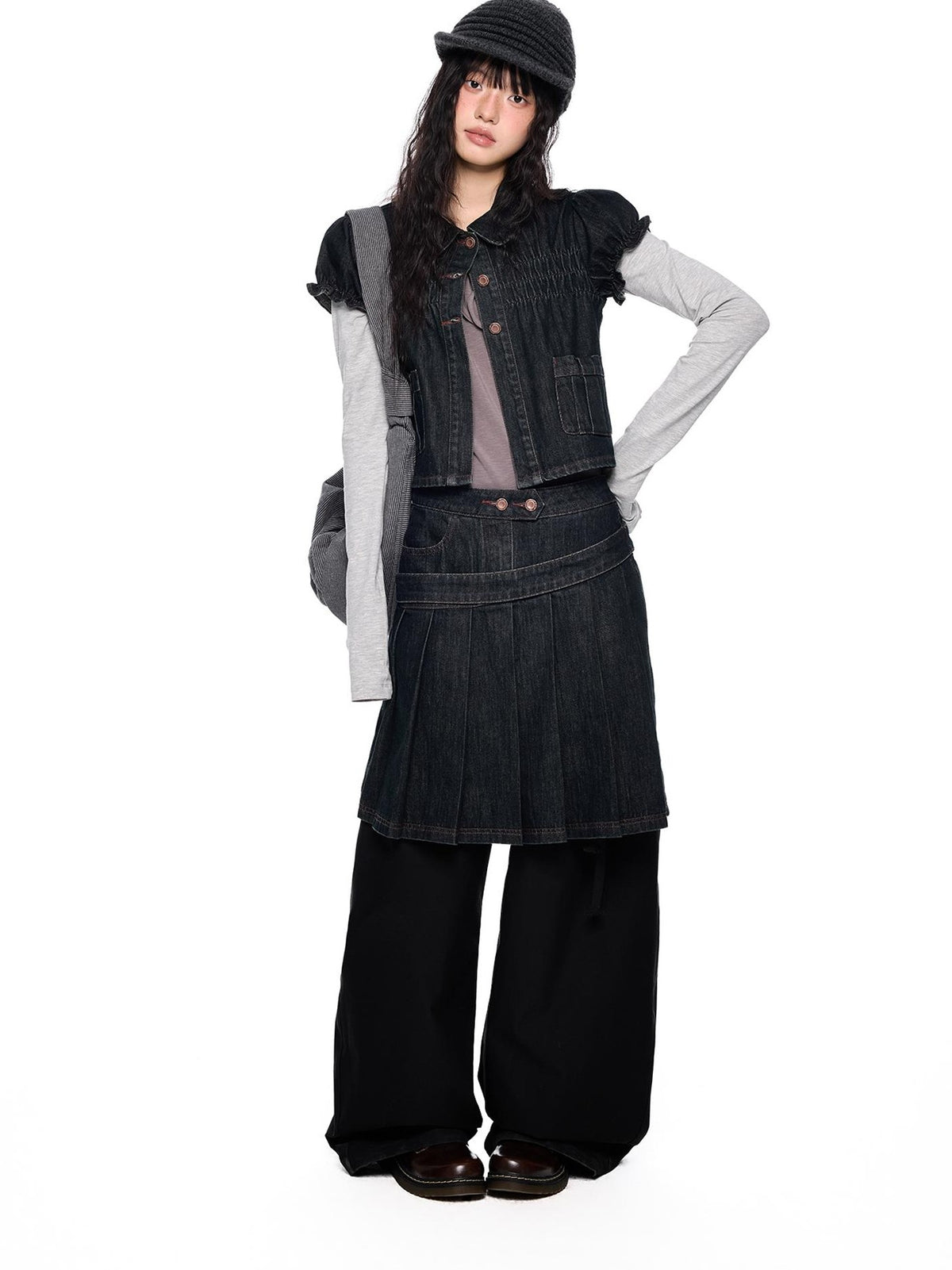 EZEK Vintage Doll Collar Puff Sleeve Pleated Denim Women's Cotton Matching Skirt Sets