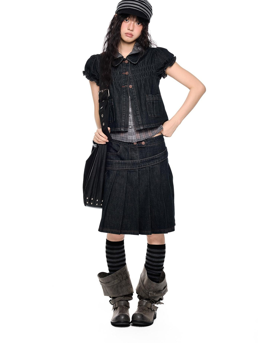 EZEK Vintage Doll Collar Puff Sleeve Pleated Denim Women's Cotton Matching Skirt Sets