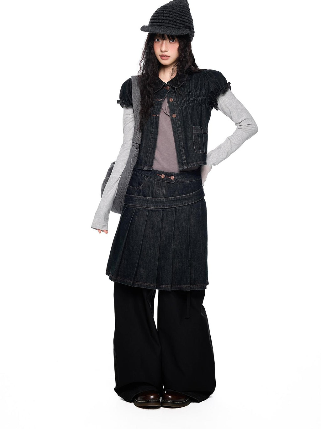EZEK Vintage Doll Collar Puff Sleeve Pleated Denim Women's Cotton Matching Skirt Sets