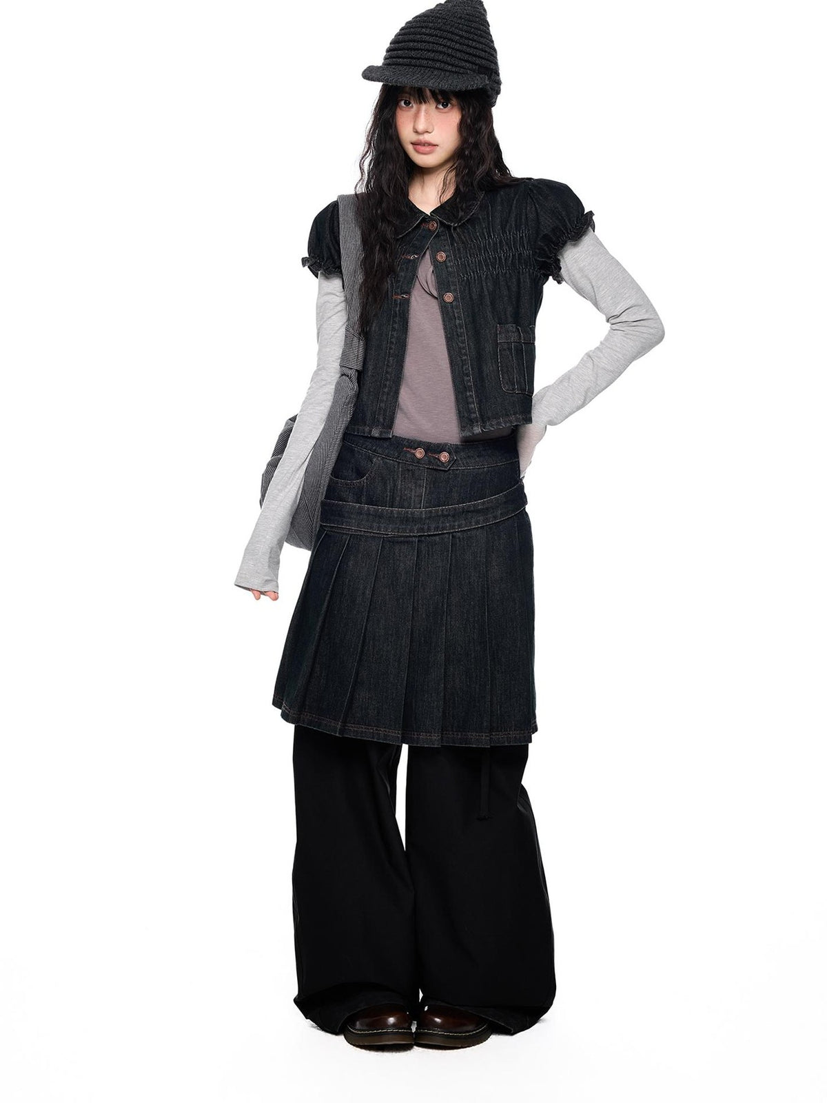 EZEK Vintage Doll Collar Puff Sleeve Pleated Denim Women's Cotton Matching Skirt Sets