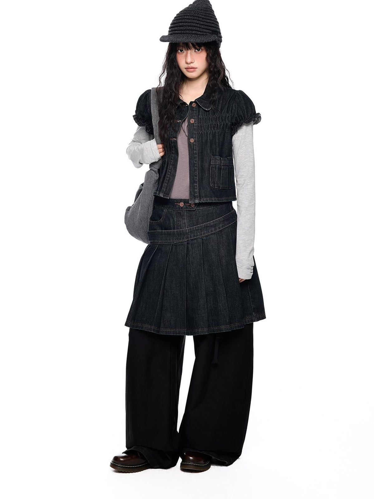 EZEK Vintage Doll Collar Puff Sleeve Pleated Denim Women's Cotton Matching Skirt Sets