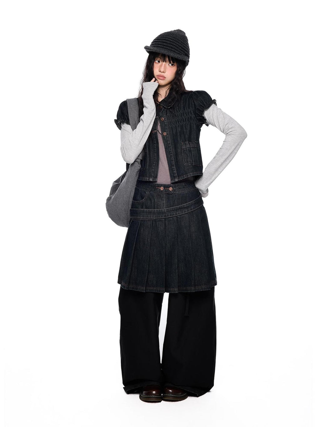 EZEK Vintage Doll Collar Puff Sleeve Pleated Denim Women's Cotton Matching Skirt Sets