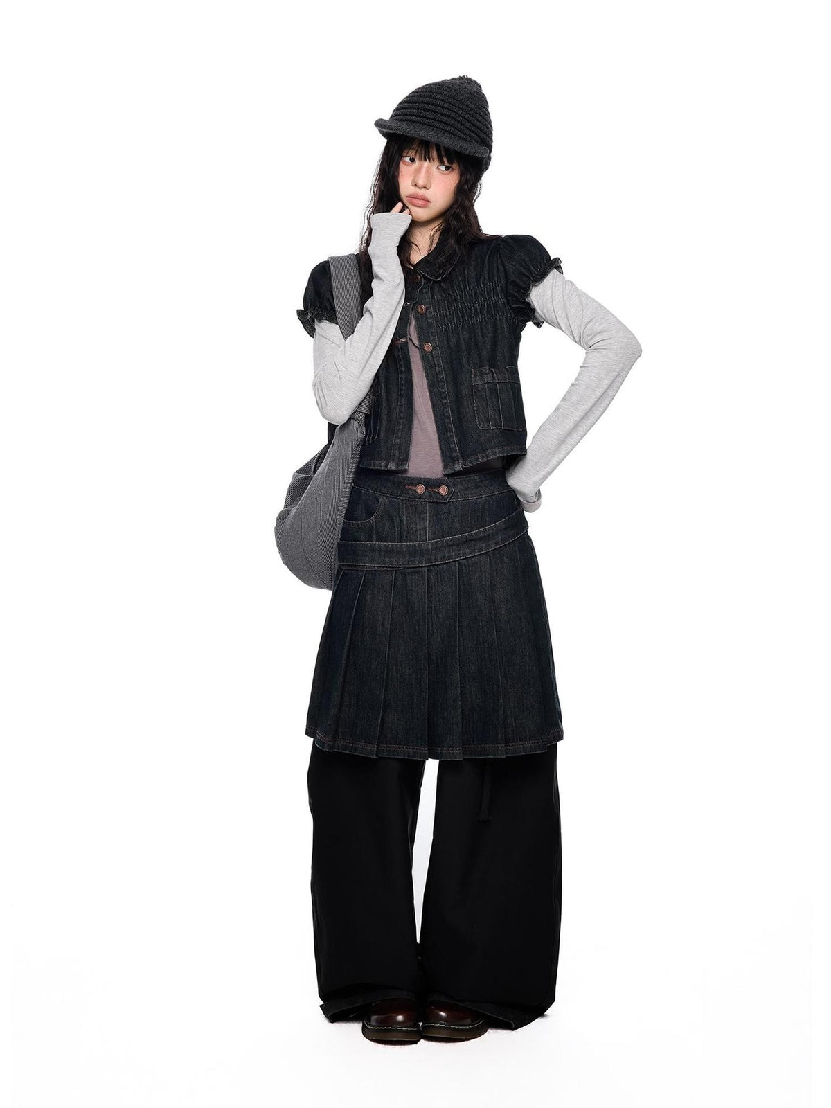 EZEK Vintage Doll Collar Puff Sleeve Pleated Denim Women's Cotton Matching Skirt Sets