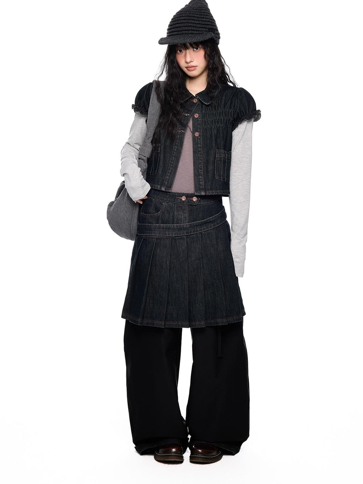 EZEK Vintage Doll Collar Puff Sleeve Pleated Denim Women's Cotton Matching Skirt Sets