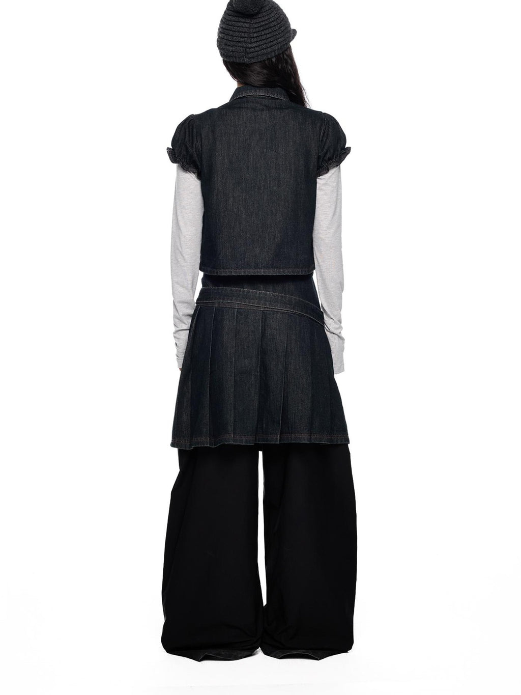 EZEK Vintage Doll Collar Puff Sleeve Pleated Denim Women's Cotton Matching Skirt Sets