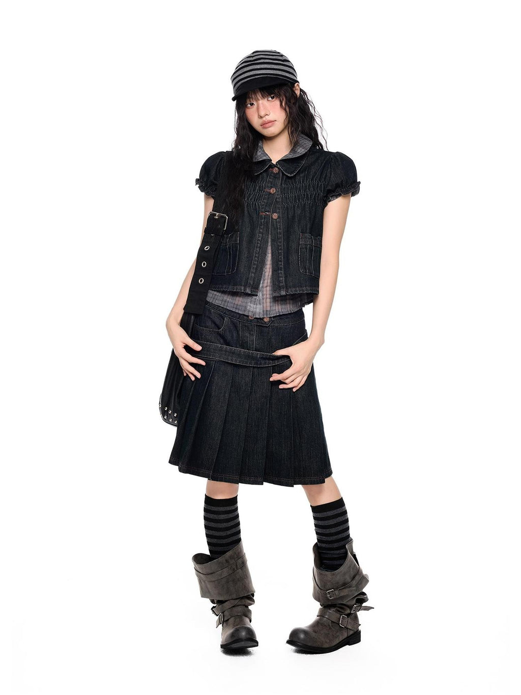EZEK Vintage Doll Collar Puff Sleeve Pleated Denim Women's Cotton Matching Skirt Sets