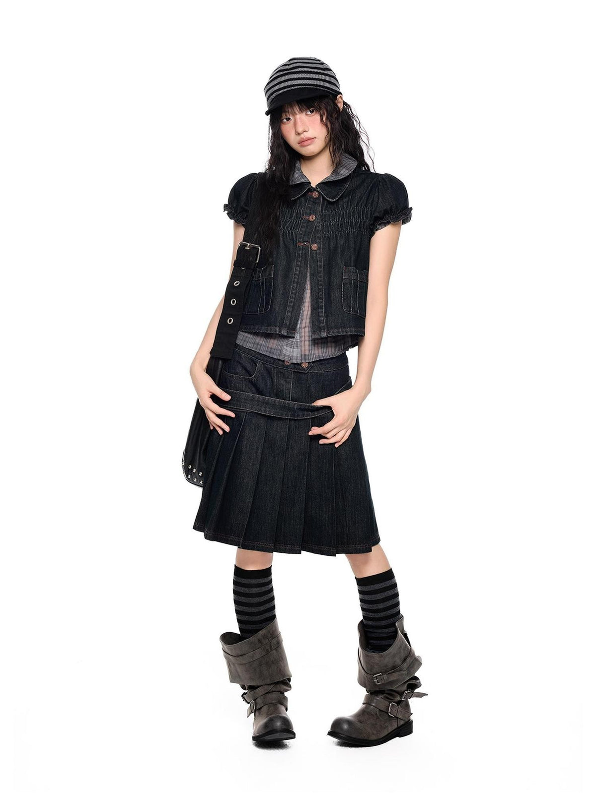 EZEK Vintage Doll Collar Puff Sleeve Pleated Denim Women's Cotton Matching Skirt Sets