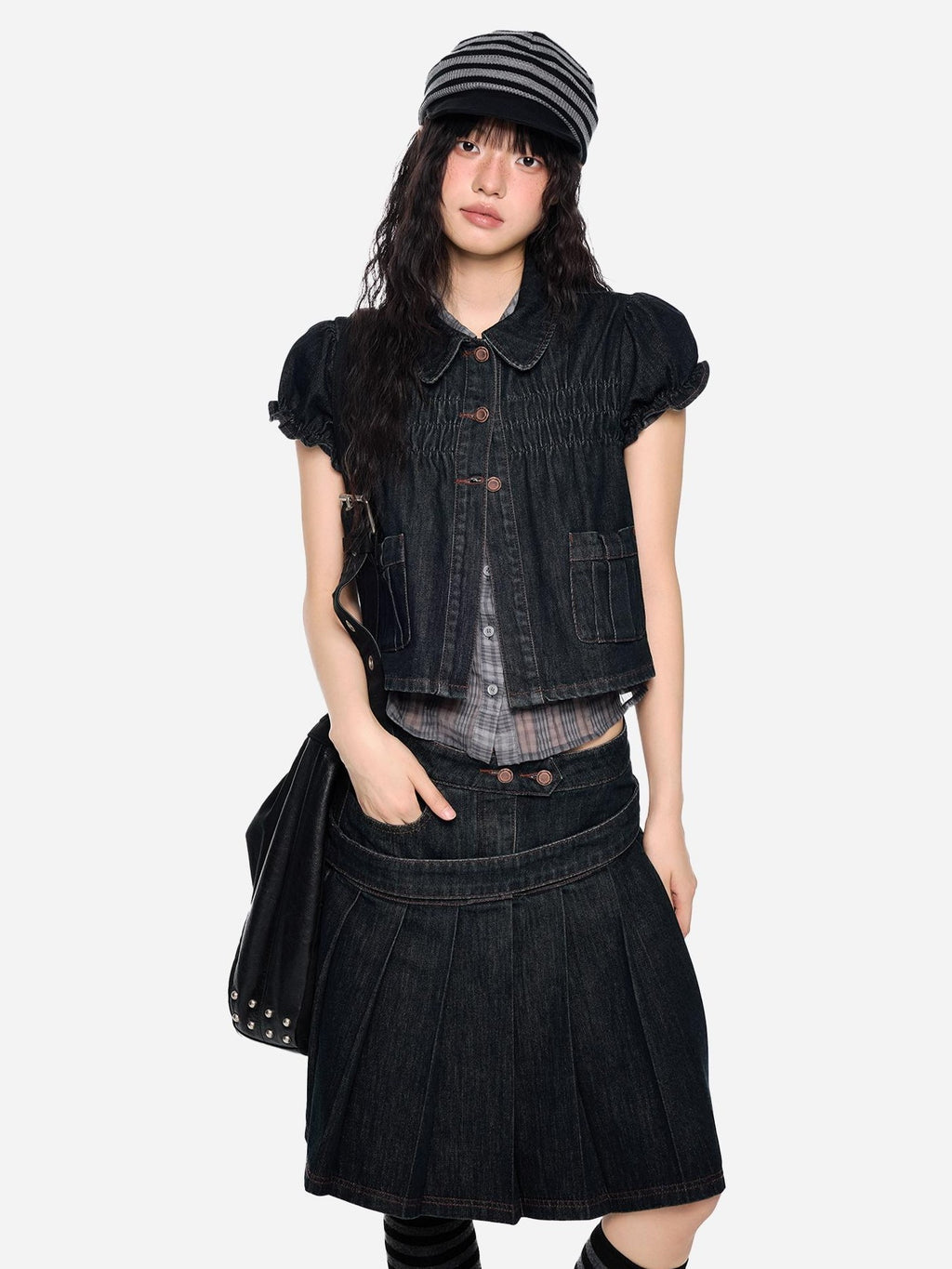 EZEK Vintage Doll Collar Puff Sleeve Pleated Denim Women's Cotton Matching Skirt Sets
