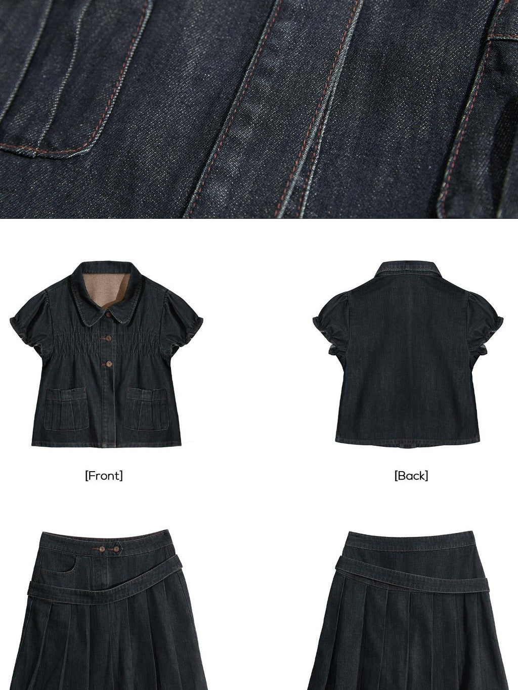 EZEK Vintage Doll Collar Puff Sleeve Pleated Denim Women's Cotton Matching Skirt Sets