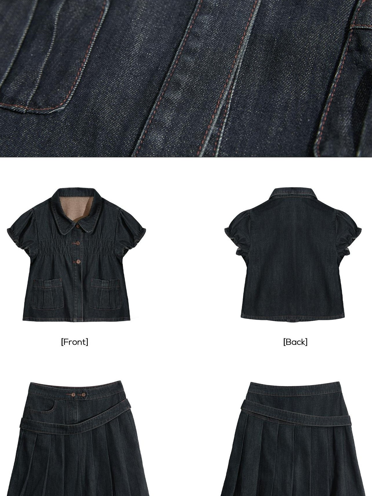 EZEK Vintage Doll Collar Puff Sleeve Pleated Denim Women's Cotton Matching Skirt Sets