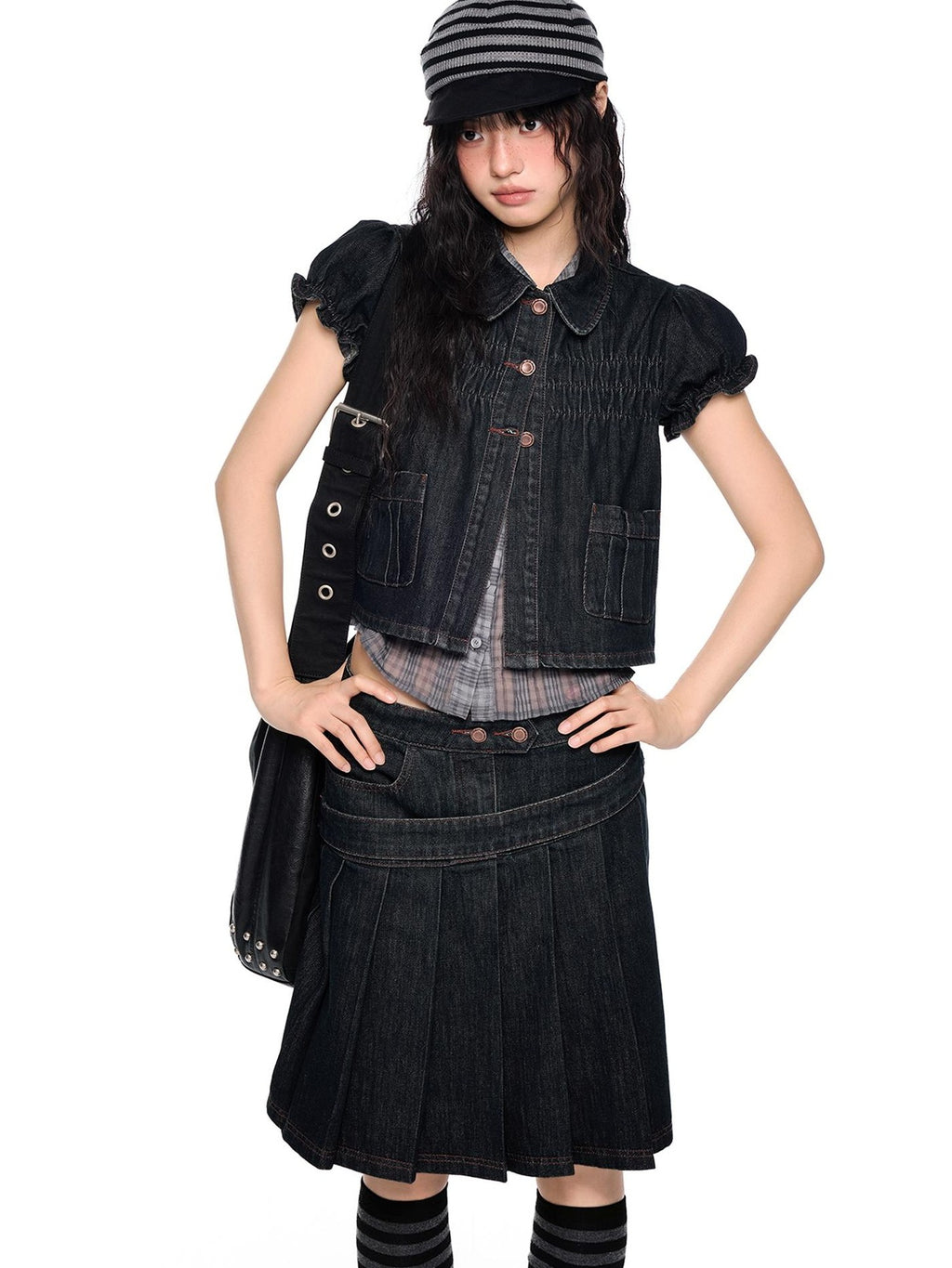 EZEK Vintage Doll Collar Puff Sleeve Pleated Denim Women's Cotton Matching Skirt Sets
