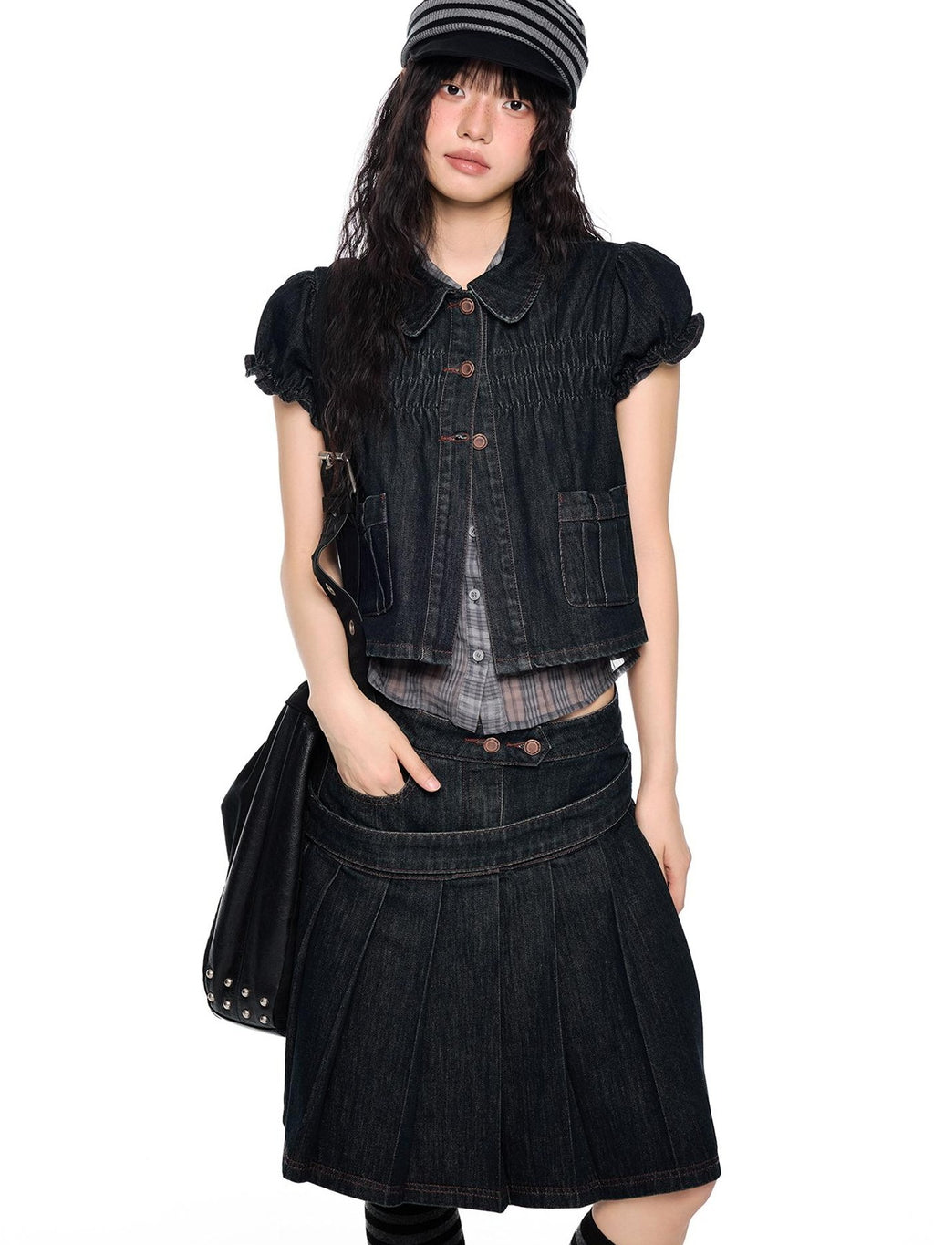 EZEK Vintage Doll Collar Puff Sleeve Pleated Denim Women's Cotton Matching Skirt Sets