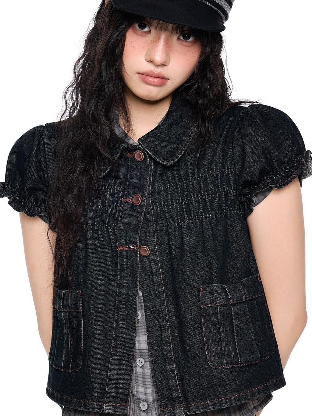 EZEK Vintage Doll Collar Puff Sleeve Pleated Denim Women's Cotton Matching Skirt Sets