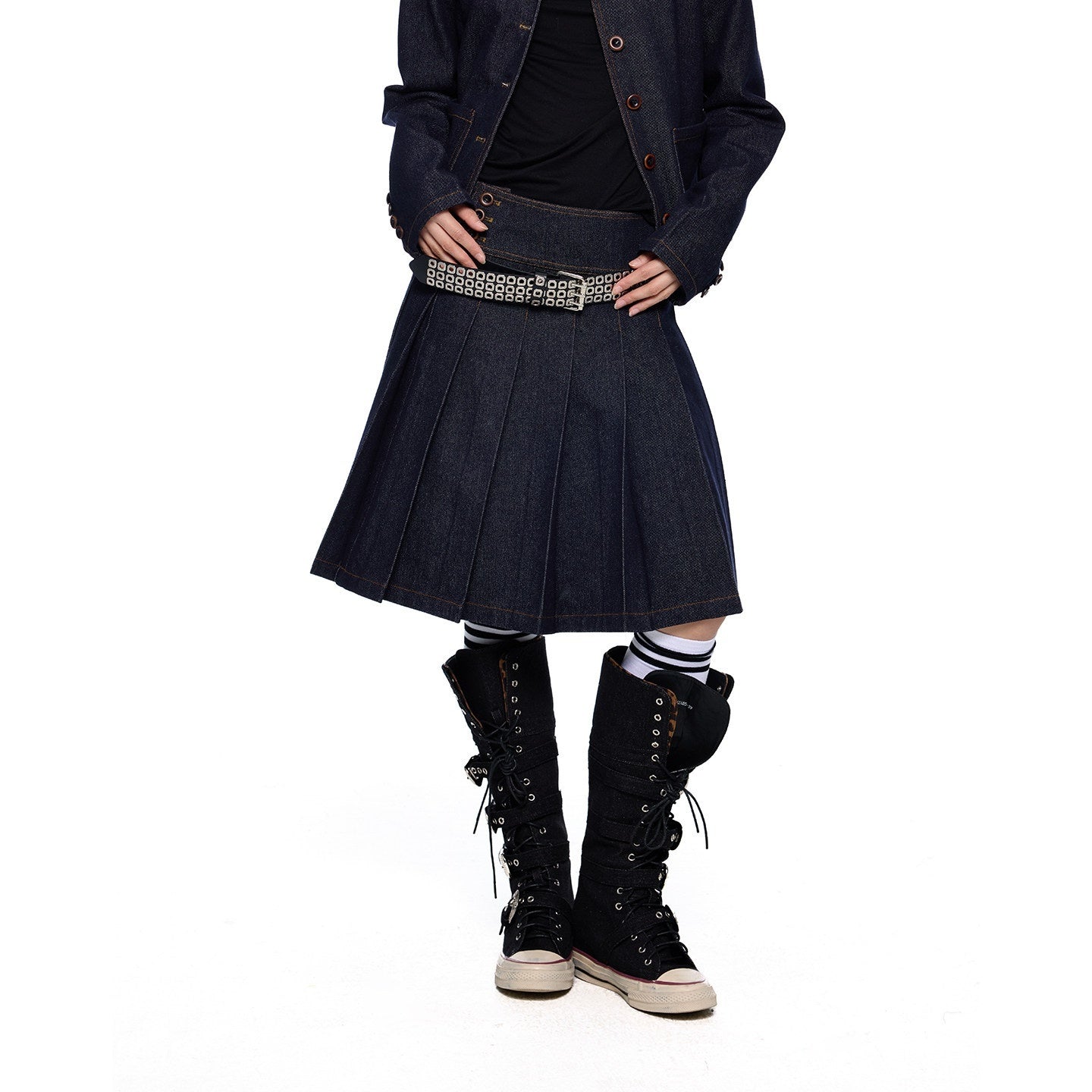 EZEK_Vintage_Doll_Collar_Washed_Denim_Pleated_Aline_Women's_Matching_Skirt_Sets_1014636055186_MISSTT