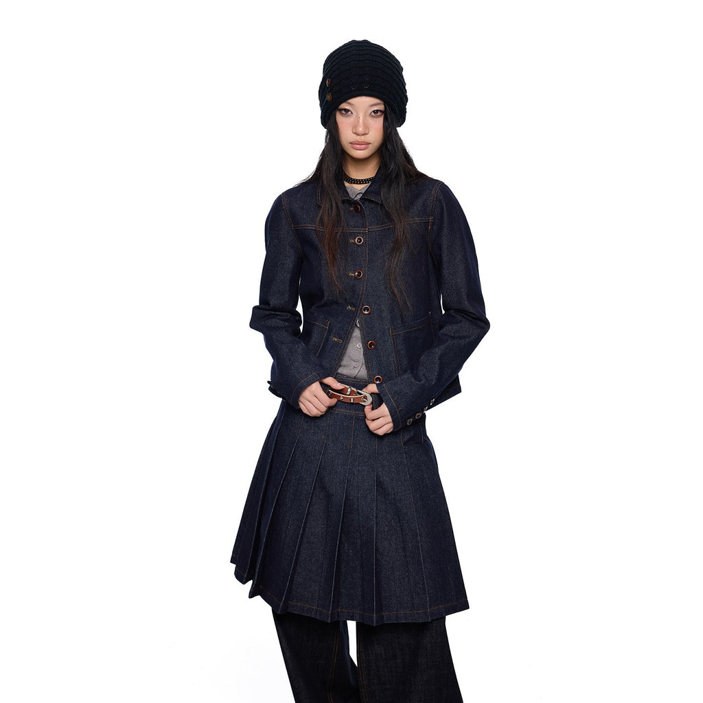 EZEK_Vintage_Doll_Collar_Washed_Denim_Pleated_Aline_Women's_Matching_Skirt_Sets_1014636055186_MISSTT
