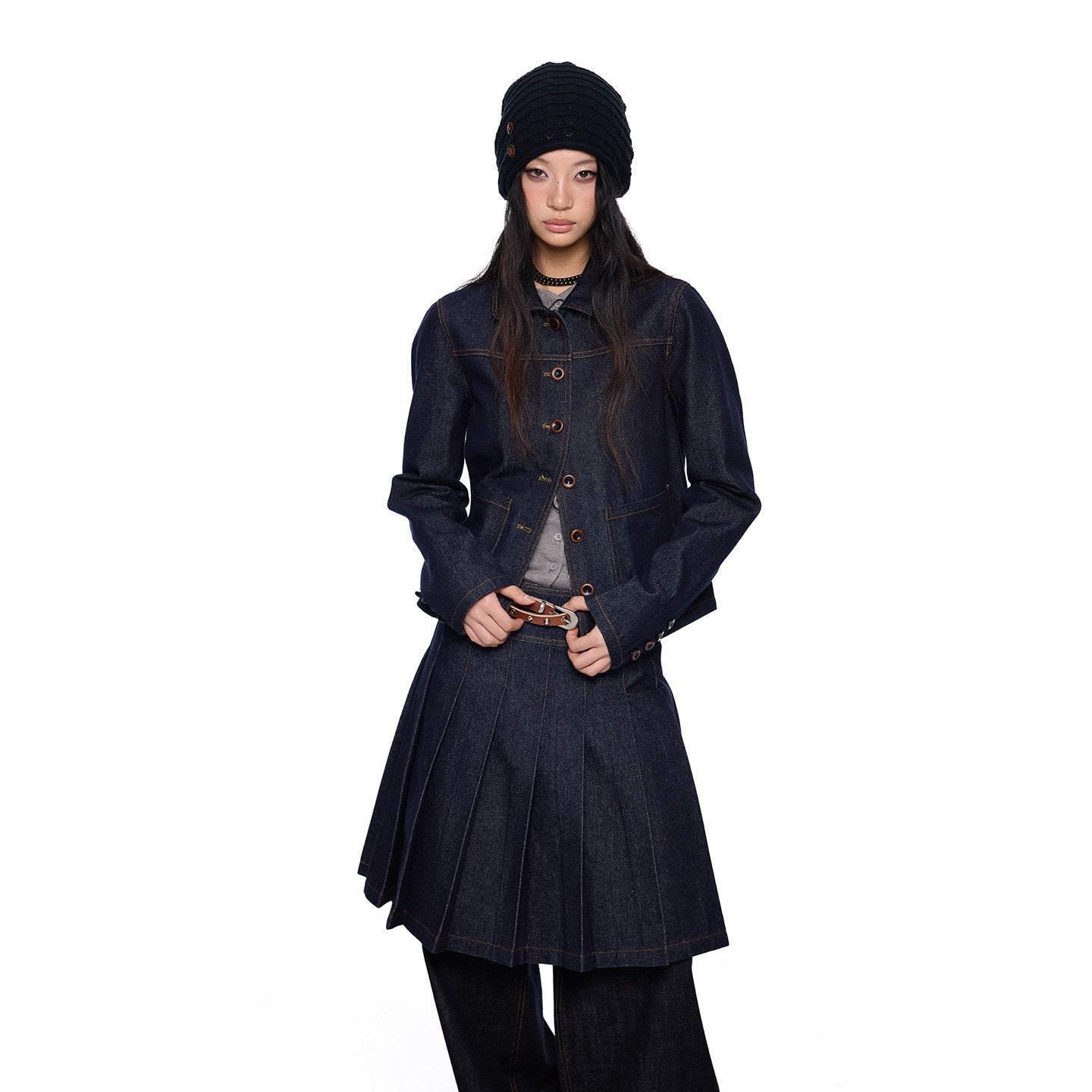 EZEK_Vintage_Doll_Collar_Washed_Denim_Pleated_Aline_Women's_Matching_Skirt_Sets_1014636055186_MISSTT