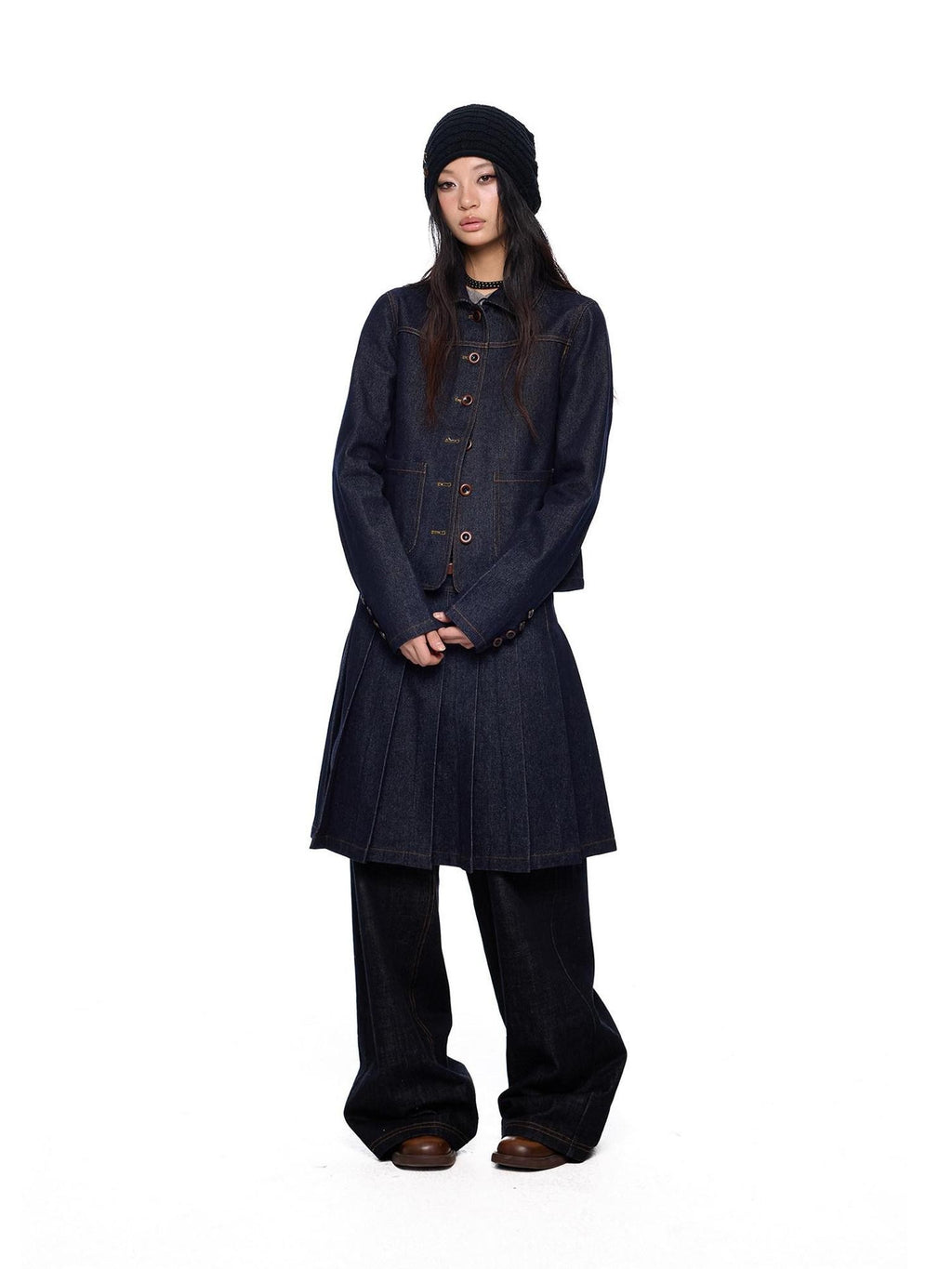 EZEK Vintage Doll Collar Washed Denim Pleated Aline Women's Matching Skirt Sets