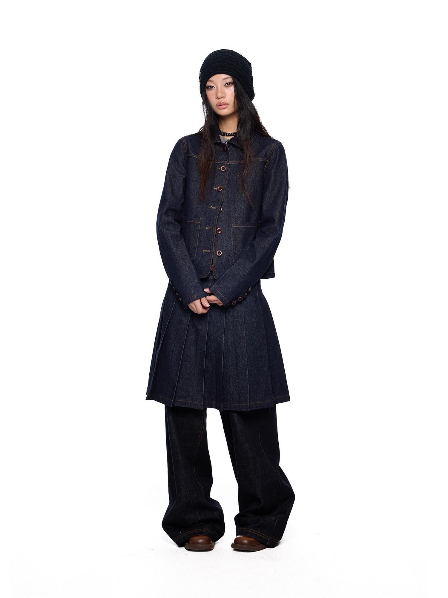 EZEK Vintage Doll Collar Washed Denim Pleated Aline Women's Matching Skirt Sets