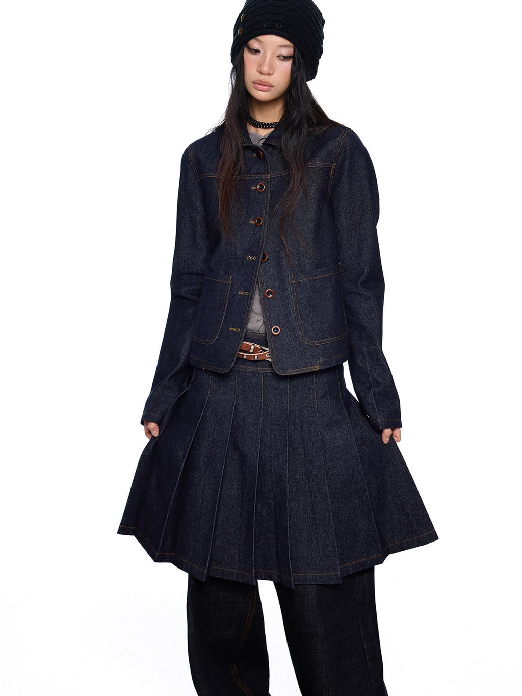 EZEK Vintage Doll Collar Washed Denim Pleated Aline Women's Matching Skirt Sets