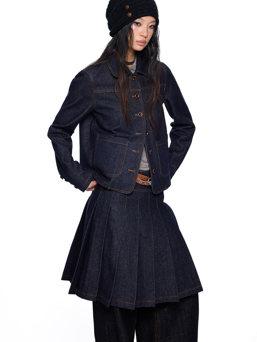 EZEK Vintage Doll Collar Washed Denim Pleated Aline Women's Matching Skirt Sets