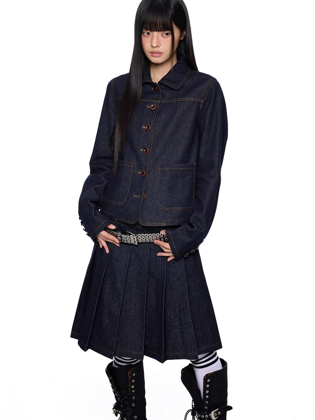 EZEK Vintage Doll Collar Washed Denim Pleated Aline Women's Matching Skirt Sets