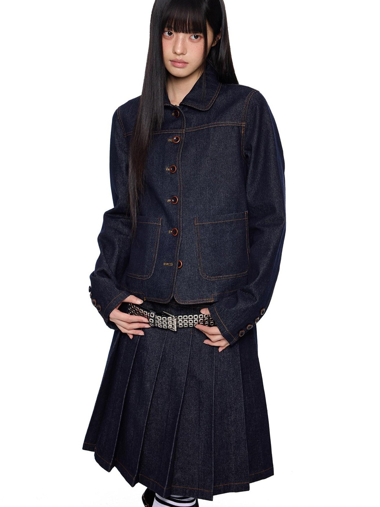EZEK Vintage Doll Collar Washed Denim Pleated Aline Women's Matching Skirt Sets