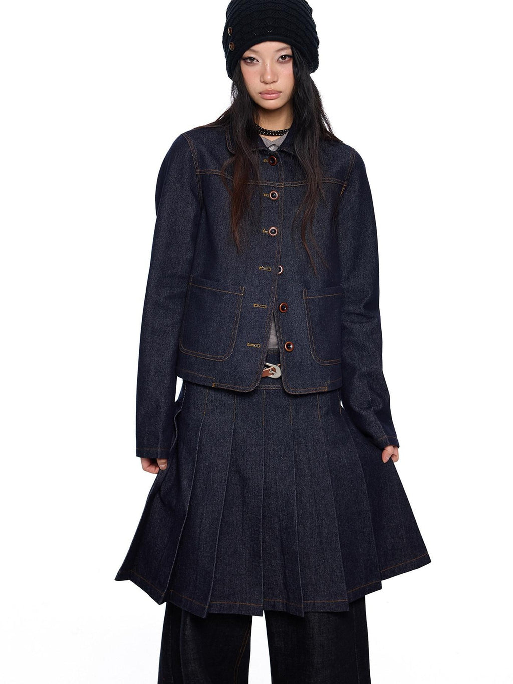 EZEK Vintage Doll Collar Washed Denim Pleated Aline Women's Matching Skirt Sets