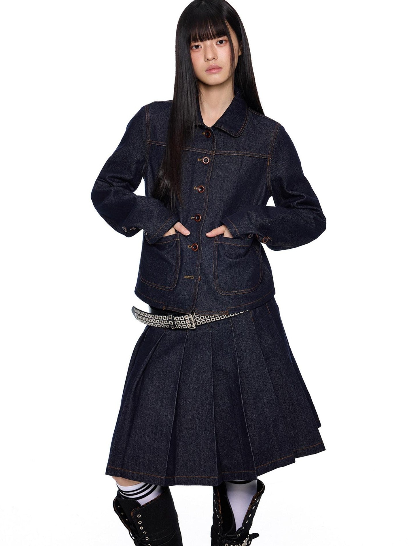 EZEK Vintage Doll Collar Washed Denim Pleated Aline Women's Matching Skirt Sets