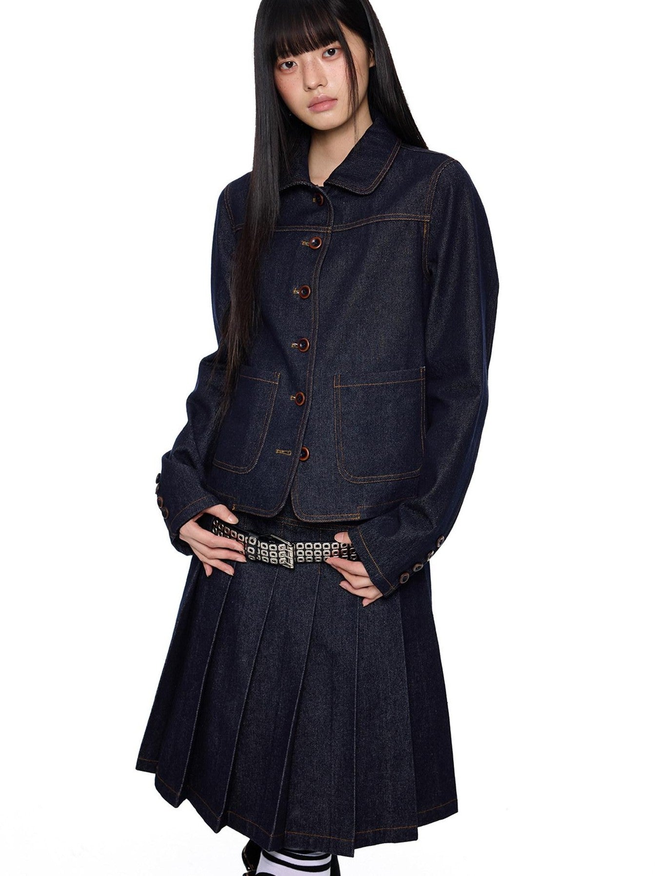 EZEK Vintage Doll Collar Washed Denim Pleated Aline Women's Matching Skirt Sets