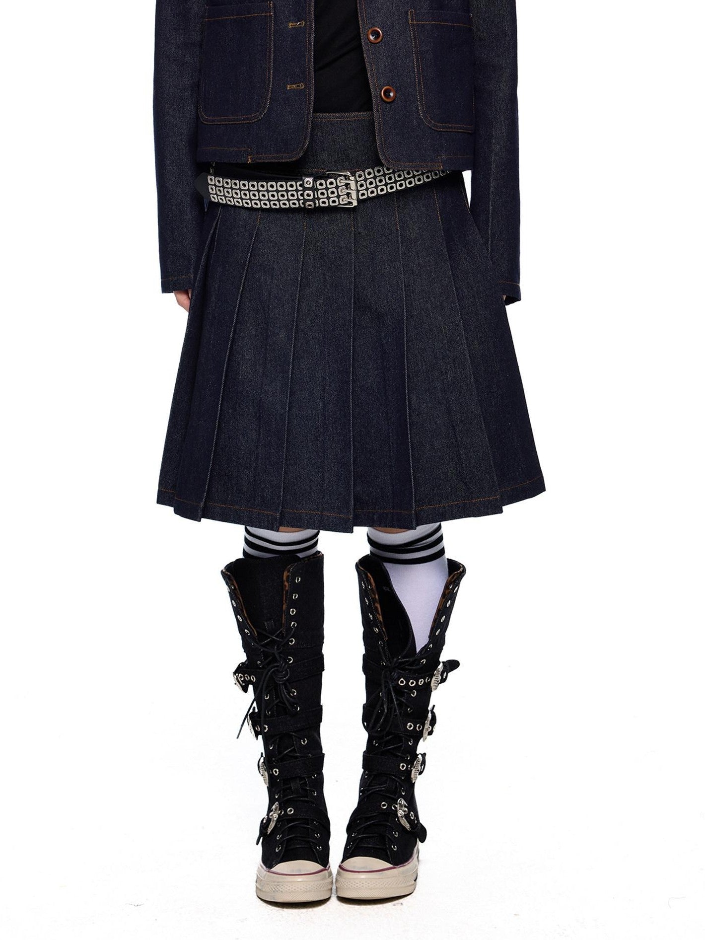 EZEK Vintage Doll Collar Washed Denim Pleated Aline Women's Matching Skirt Sets