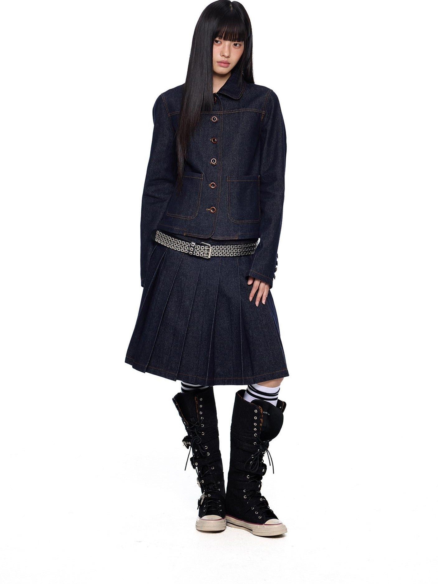 EZEK Vintage Doll Collar Washed Denim Pleated Aline Women's Matching Skirt Sets