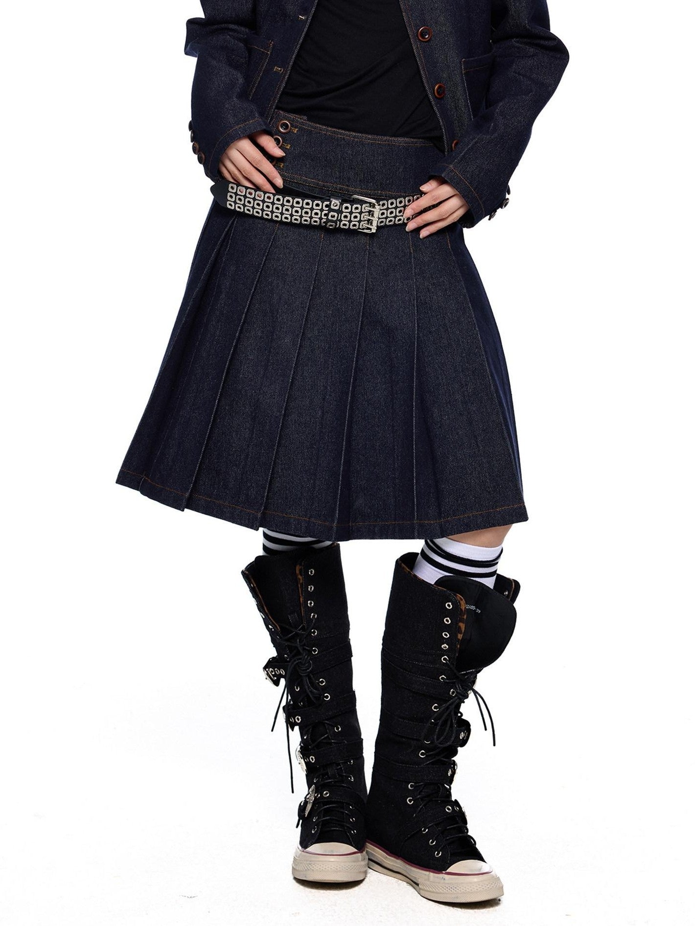 EZEK Vintage Doll Collar Washed Denim Pleated Aline Women's Matching Skirt Sets