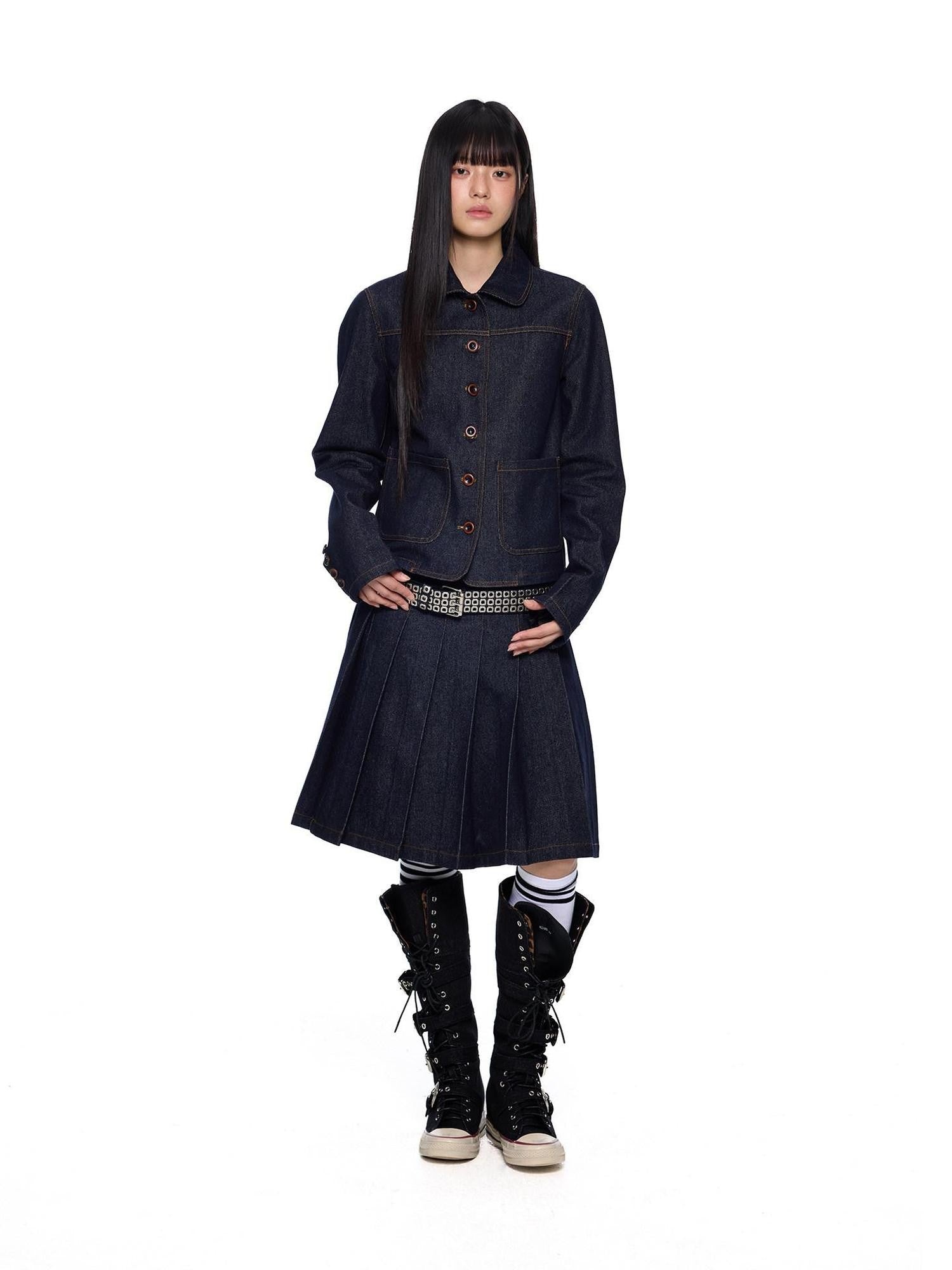 EZEK Vintage Doll Collar Washed Denim Pleated Aline Women's Matching Skirt Sets
