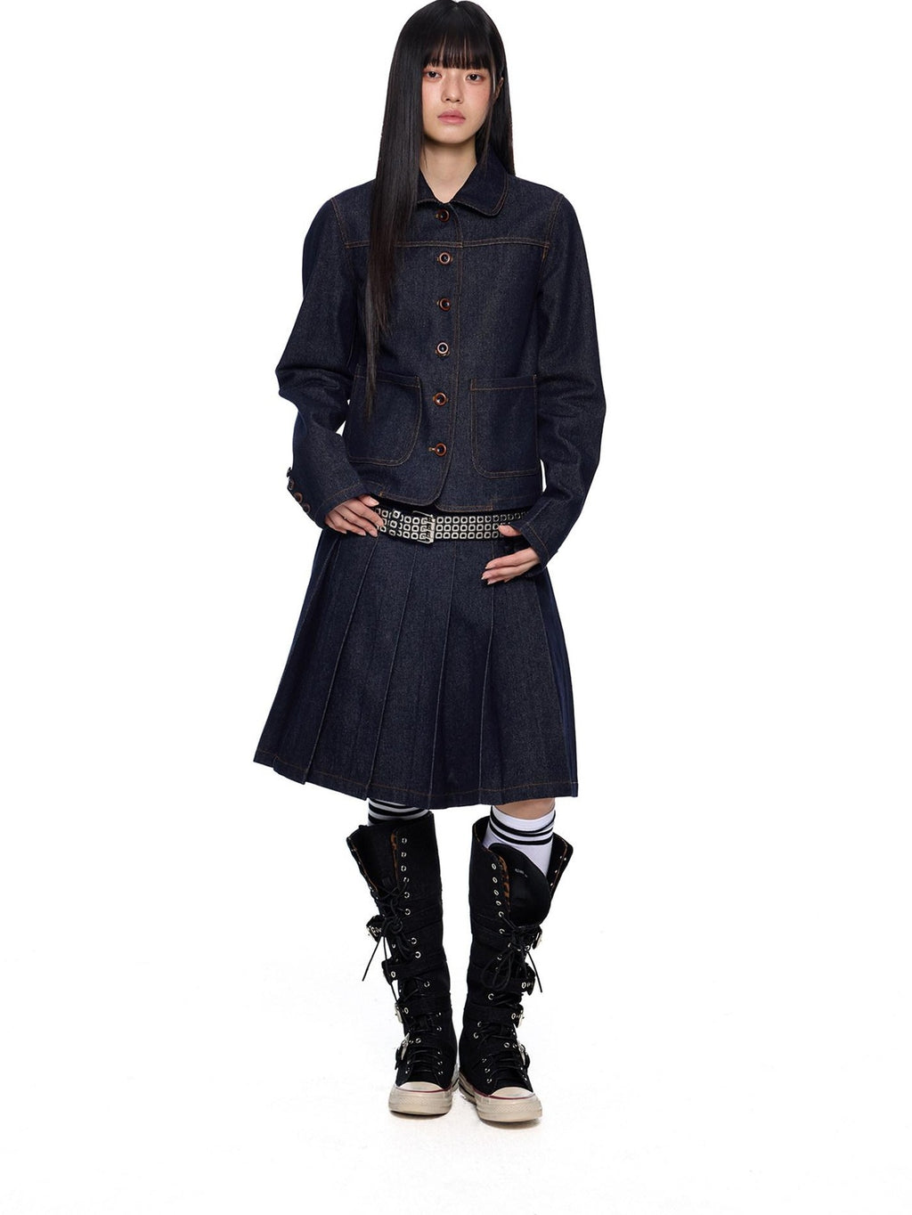 EZEK Vintage Doll Collar Washed Denim Pleated Aline Women's Matching Skirt Sets