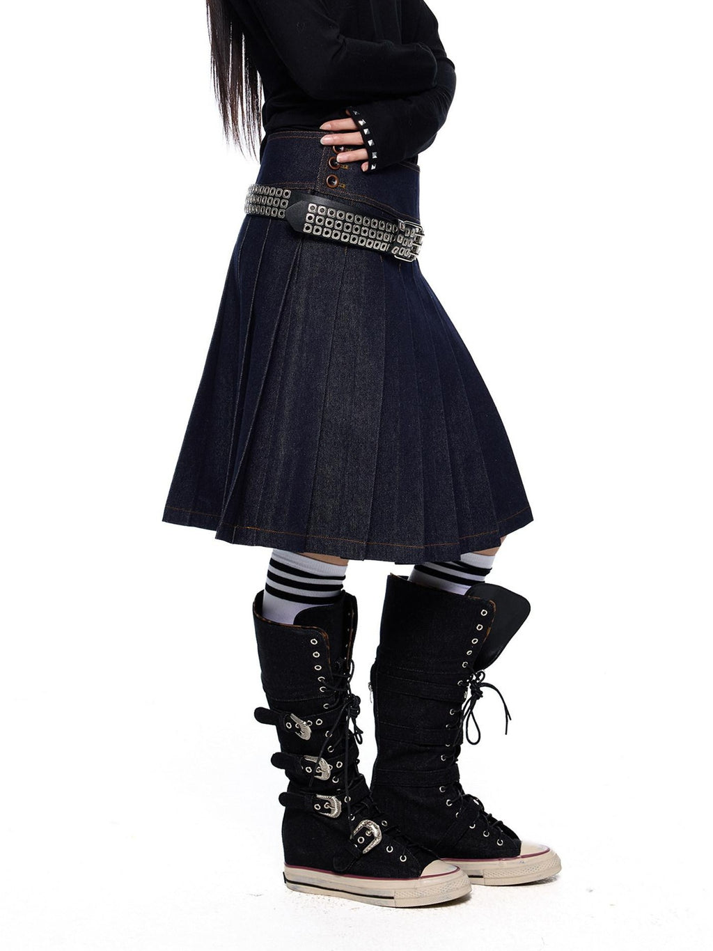 EZEK Vintage Doll Collar Washed Denim Pleated Aline Women's Matching Skirt Sets
