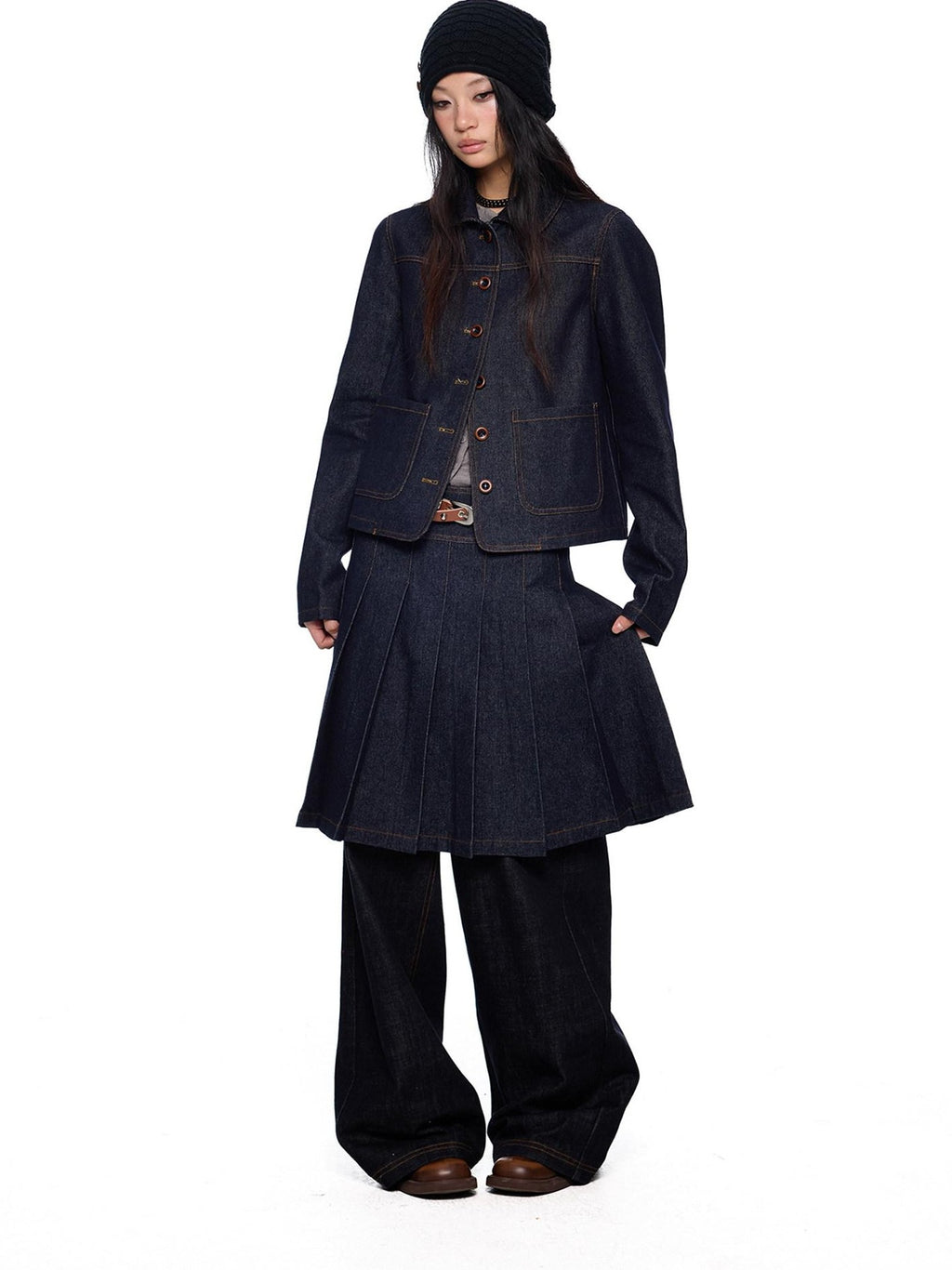 EZEK Vintage Doll Collar Washed Denim Pleated Aline Women's Matching Skirt Sets