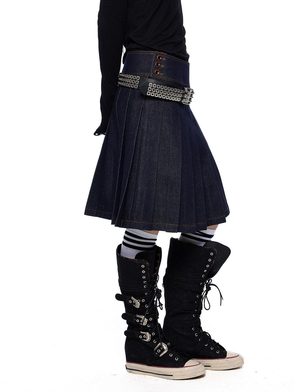 EZEK Vintage Doll Collar Washed Denim Pleated Aline Women's Matching Skirt Sets