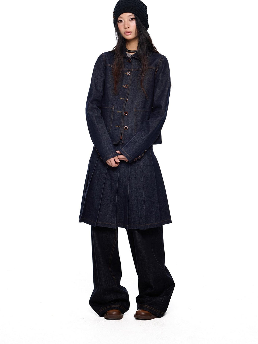 EZEK Vintage Doll Collar Washed Denim Pleated Aline Women's Matching Skirt Sets
