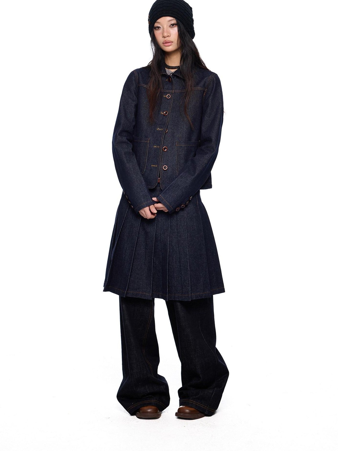 EZEK Vintage Doll Collar Washed Denim Pleated Aline Women's Matching Skirt Sets