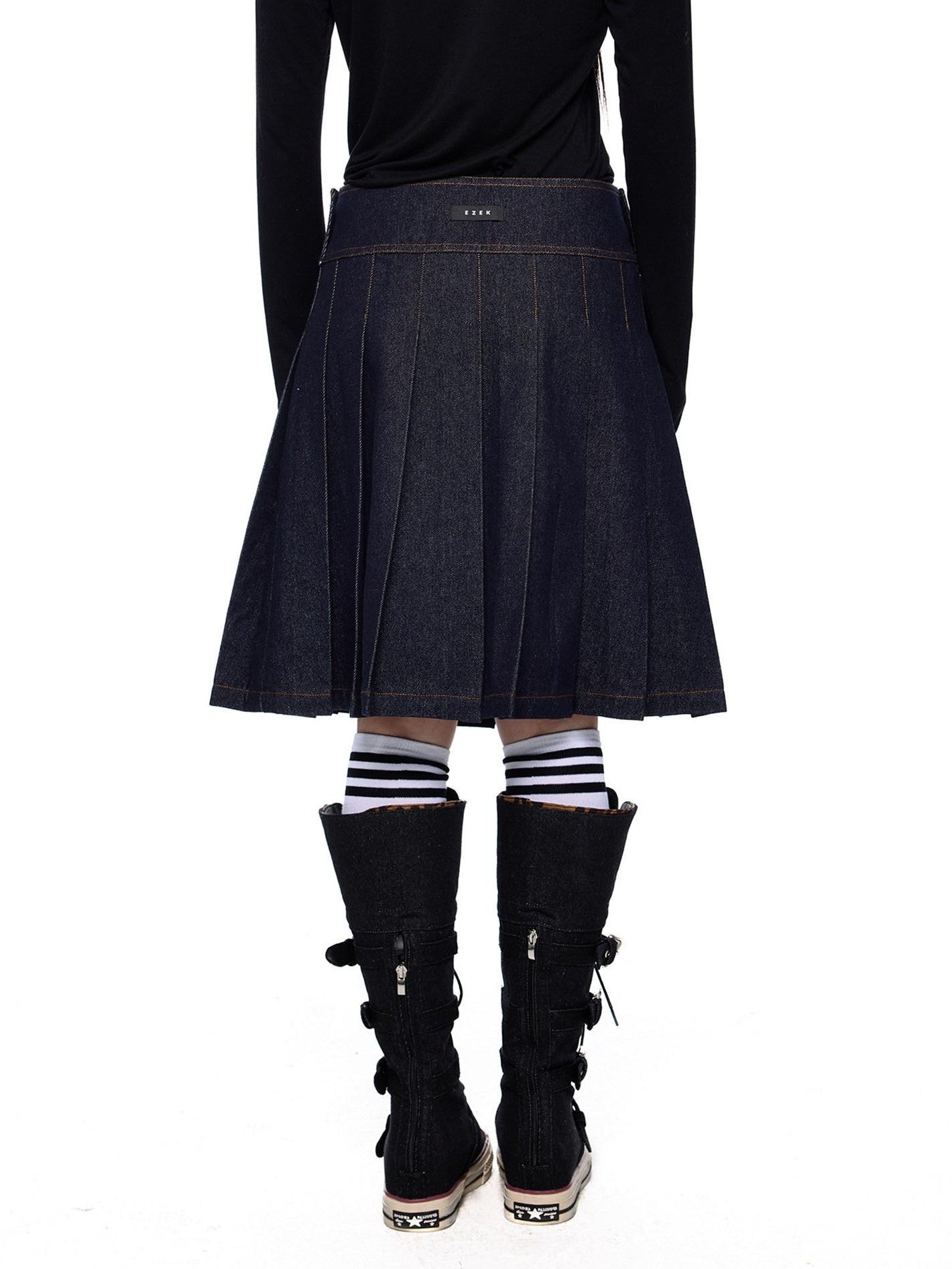 EZEK Vintage Doll Collar Washed Denim Pleated Aline Women's Matching Skirt Sets